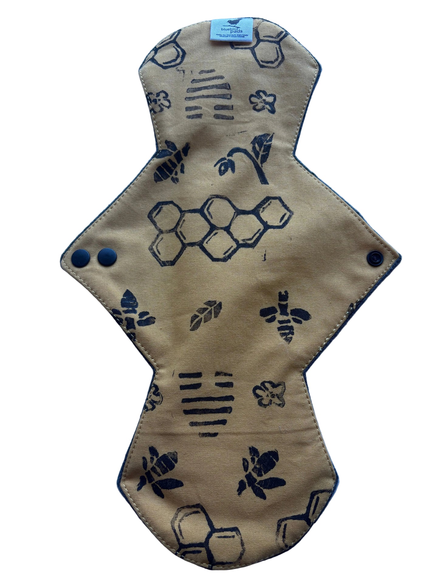 Mustard Yellow Night size cloth pad with black honeycomb and bee stamp pattern 