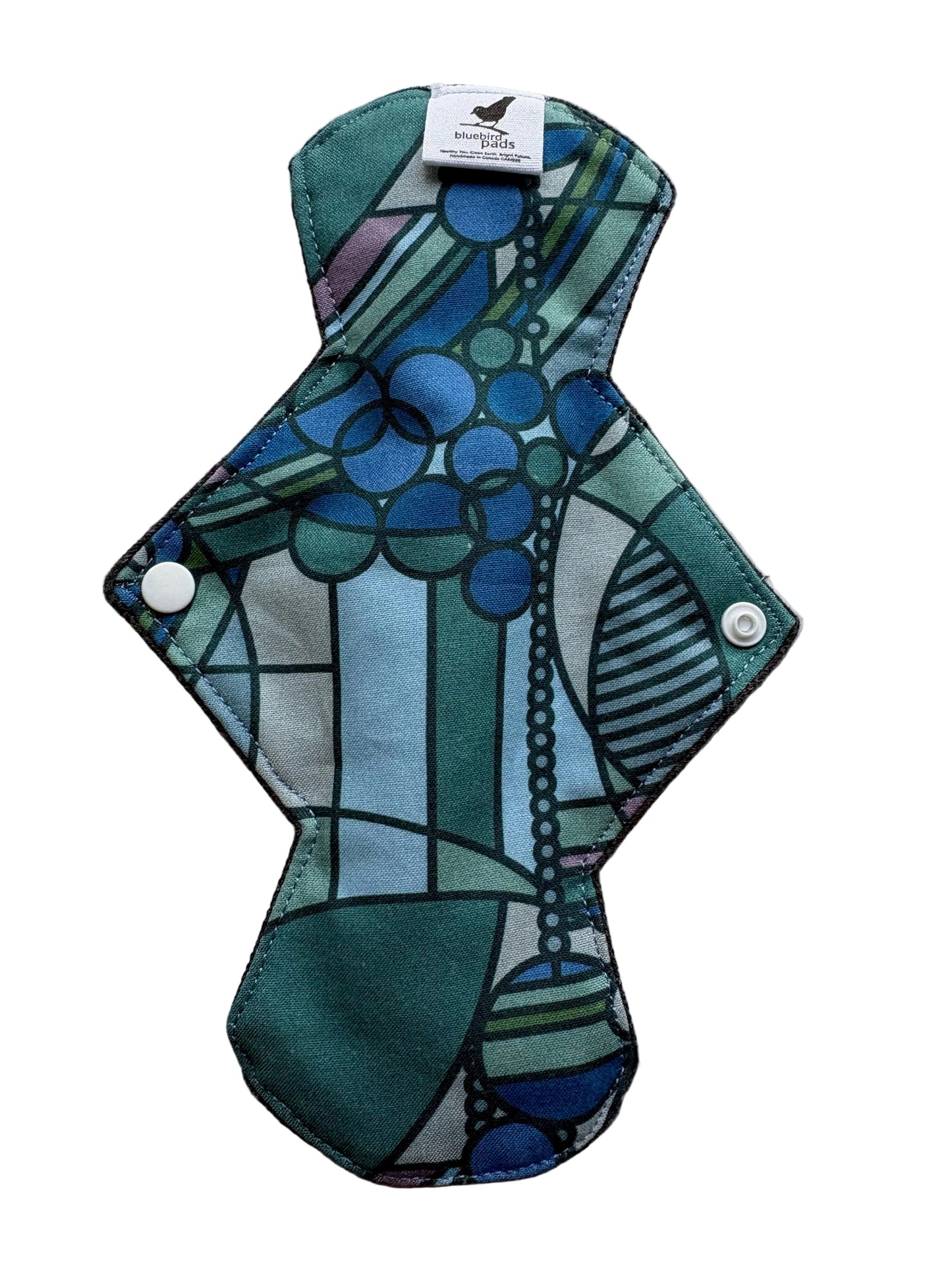 Organic Cotton Cloth menstrual pad with a blue and green abstract pattern 